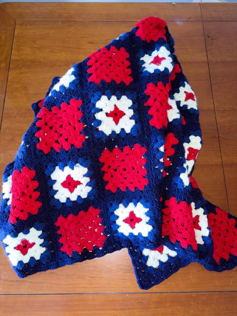 Vintage Granny Square Handmade Crochet Afghan Blanket Red/White/Blue